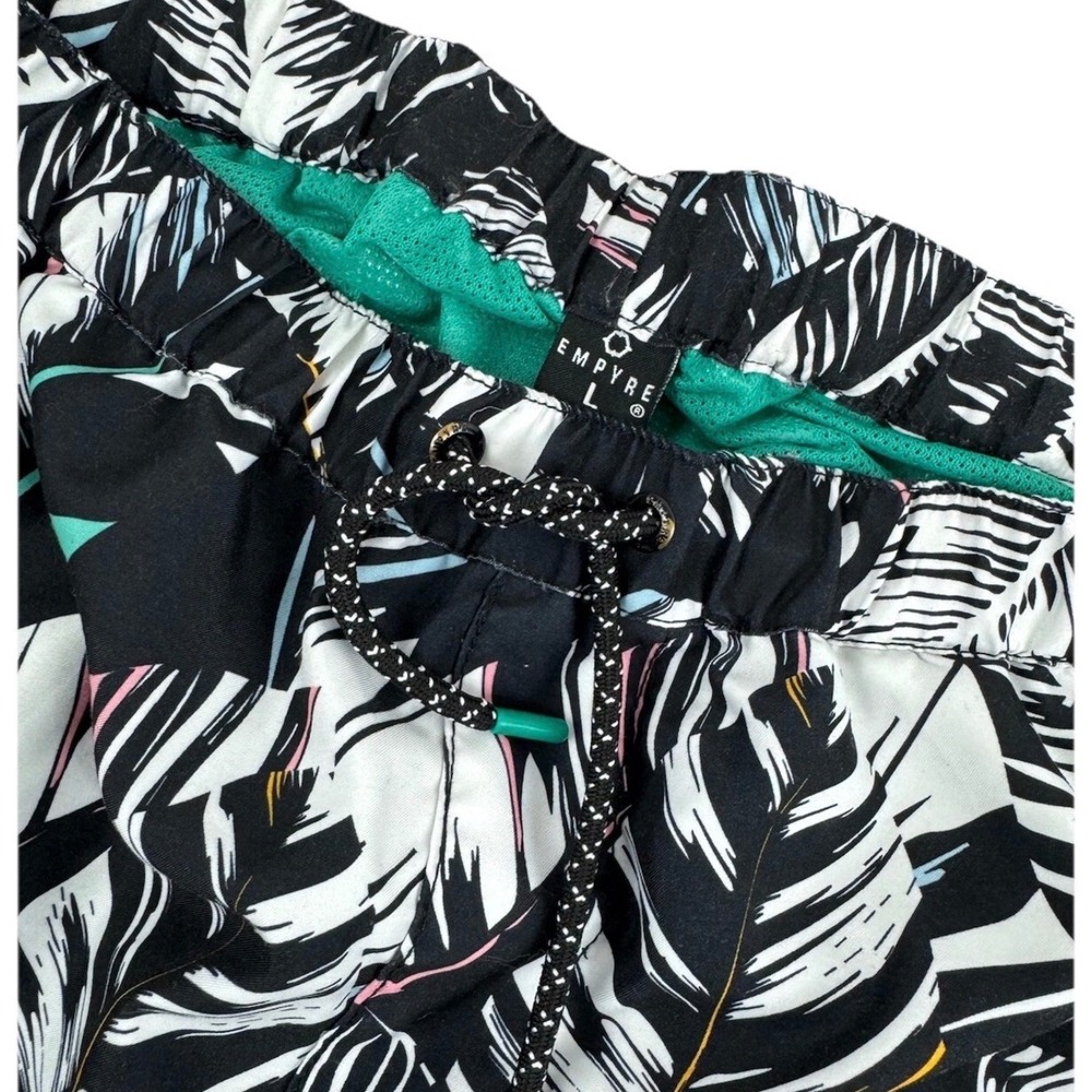 Empyre Swim Trunks Men Large Black White Tropical Palm Leaf Mesh Lined Shorts